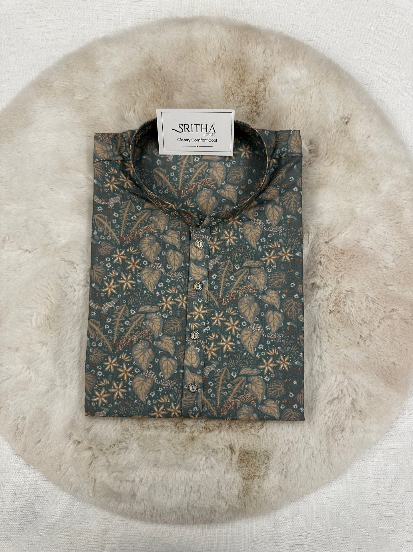 SM1224-01-10 Grey Green Floral Print Soft Cotton Kurta