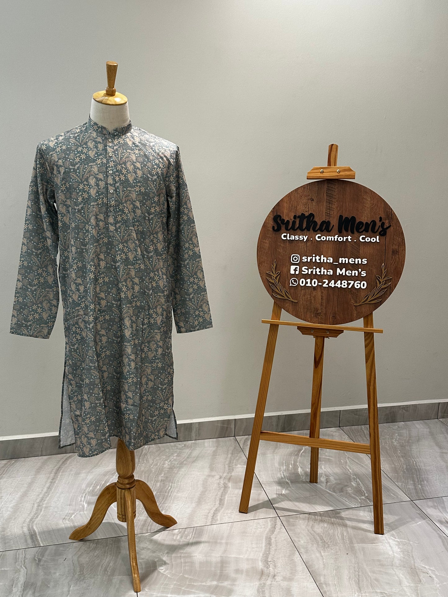 SM1224-01-10 Grey Green Floral Print Soft Cotton Kurta