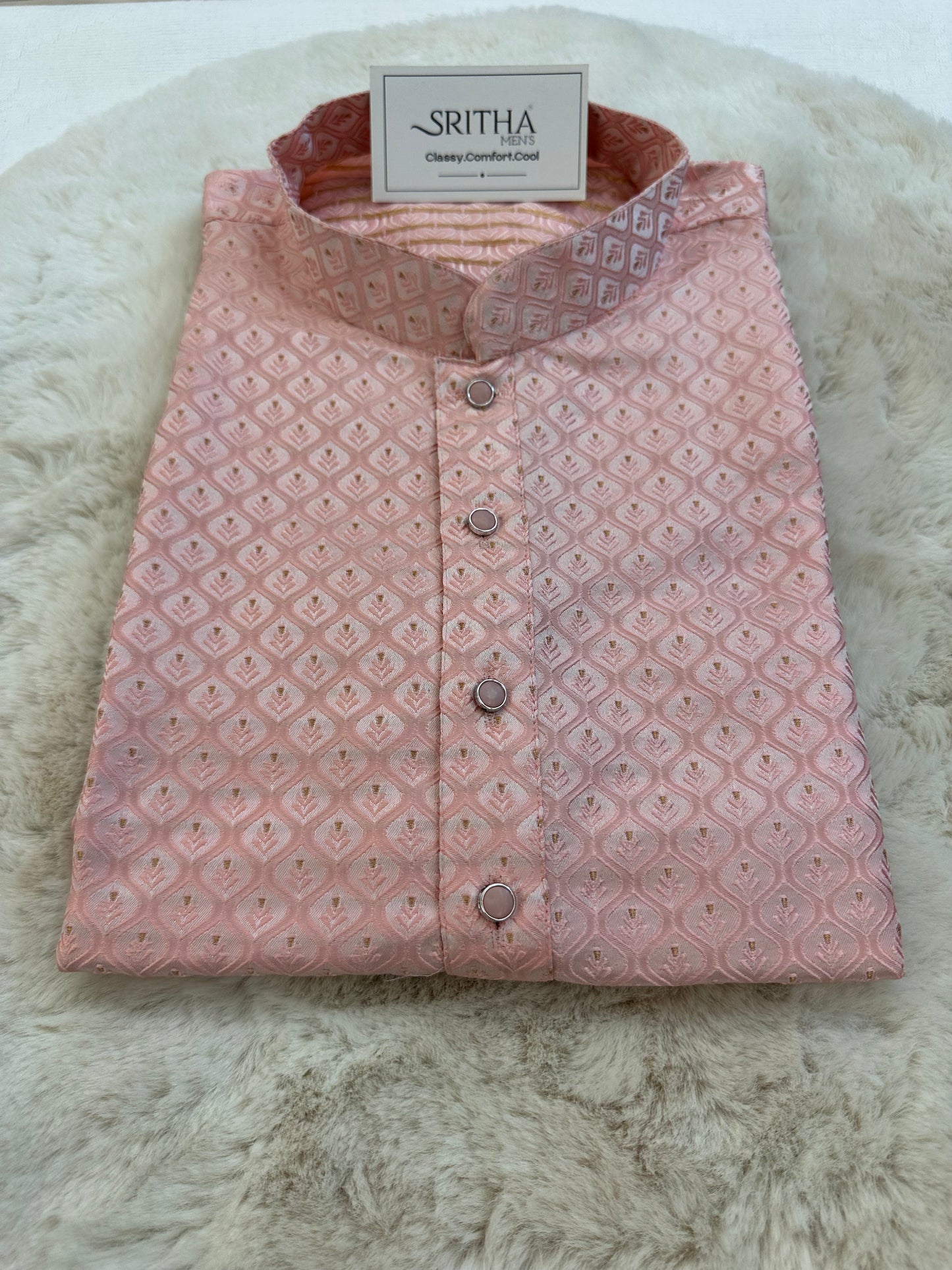 SM0425-02-01 Baby Pink Jacquard Silk Blend Kurta Set