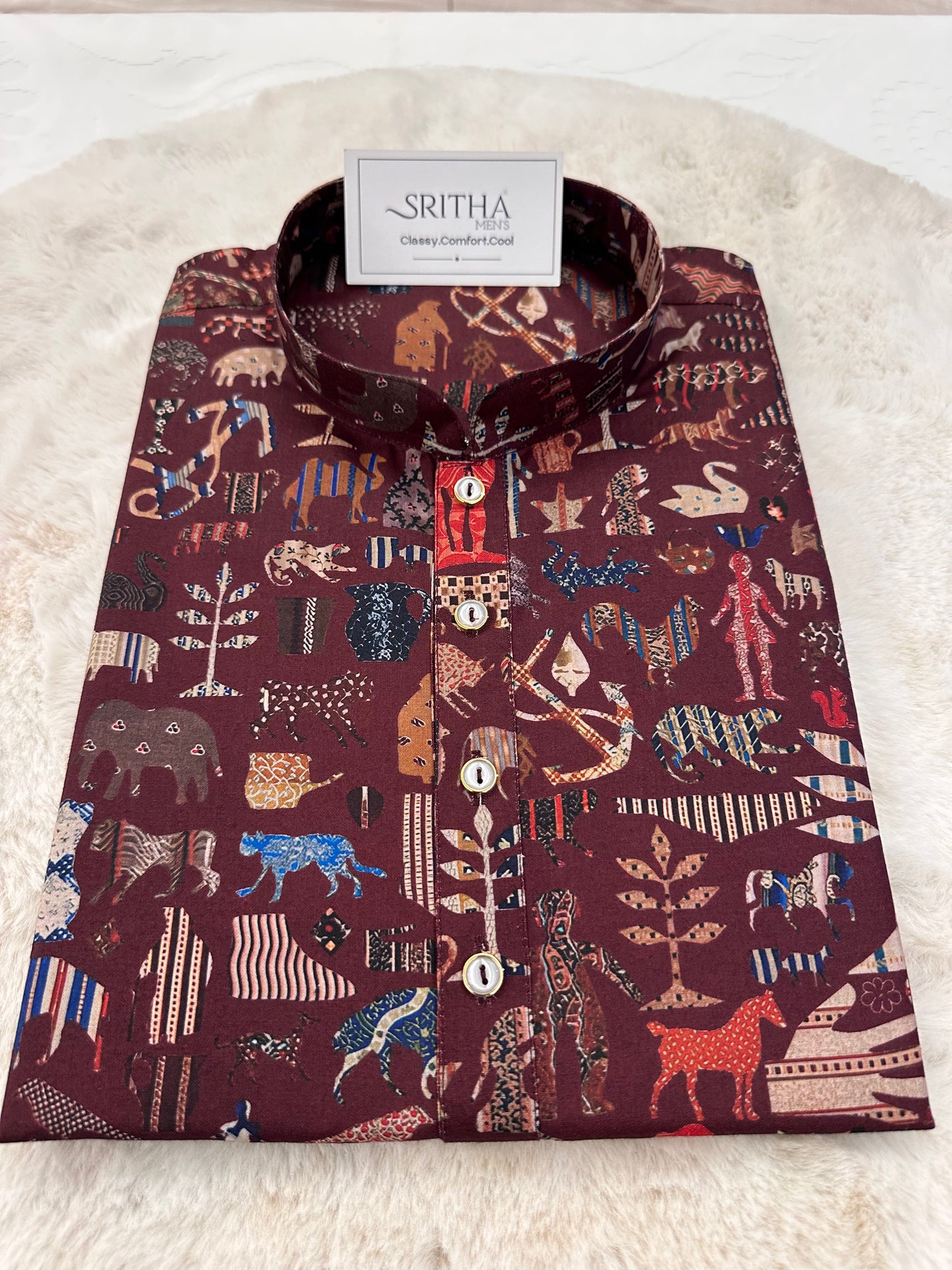 SM0325-01-03 Dark Maroon Ilustration Printed Cotton Kurta