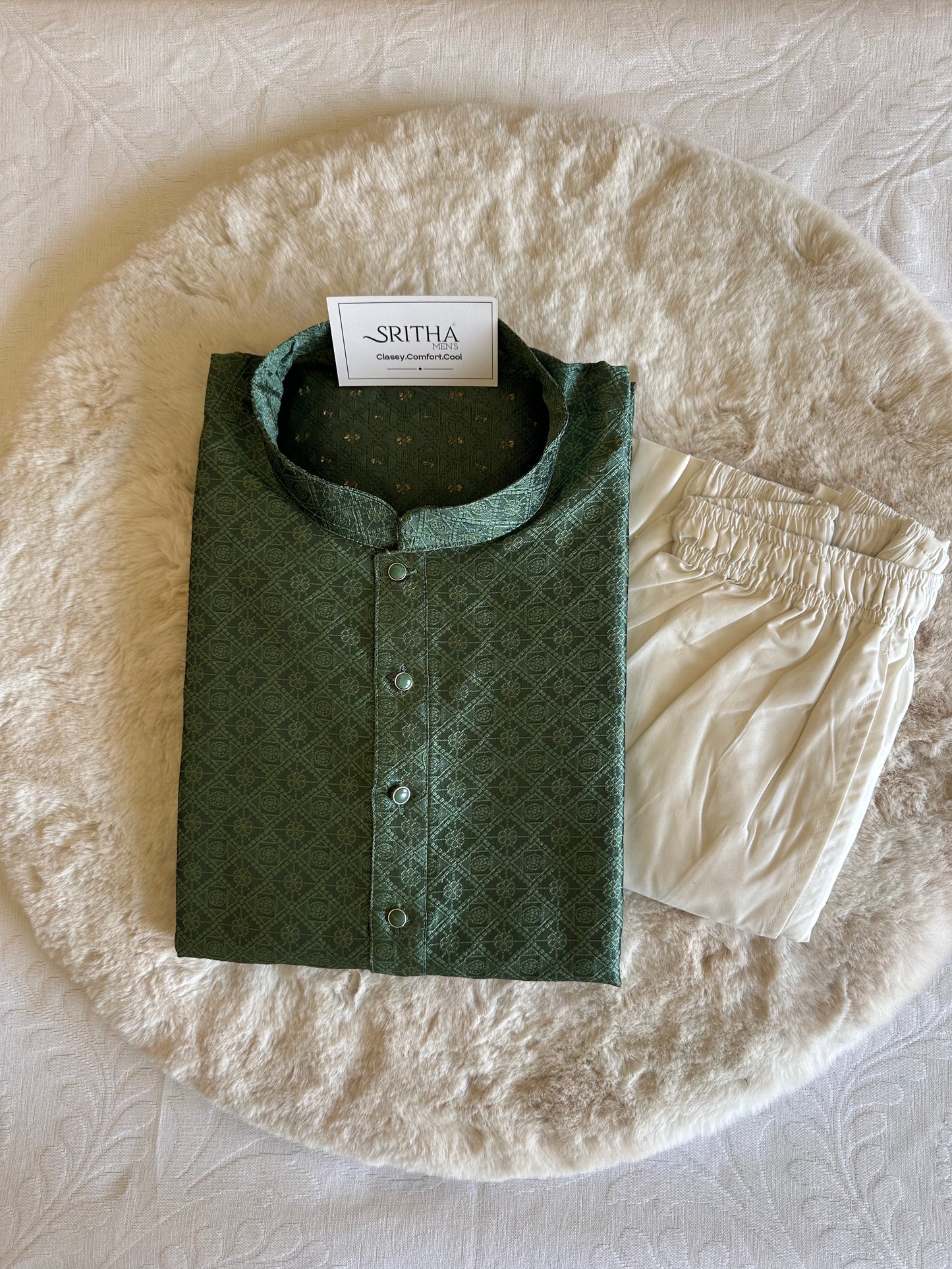 SM0425-02-03 Green Geometry & Floral Silk Blend Kurta Set