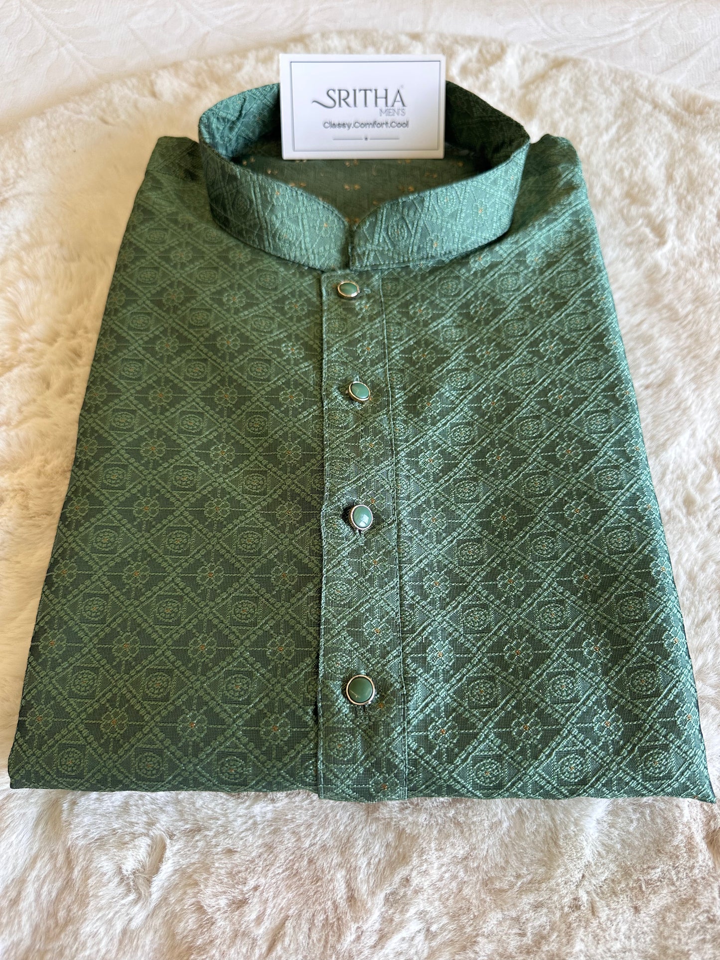 SM0425-02-03 Green Geometry & Floral Silk Blend Kurta Set