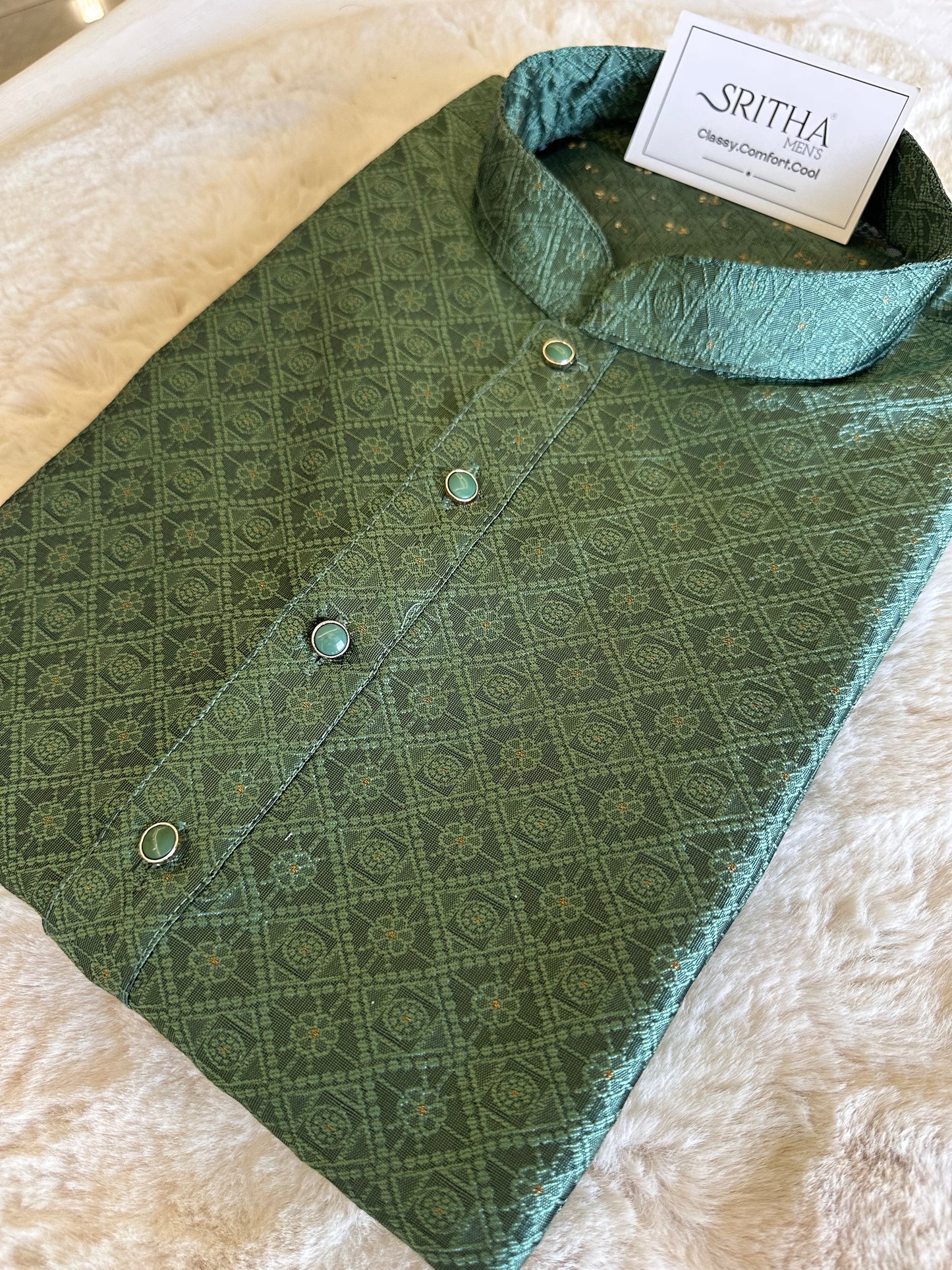 SM0425-02-03 Green Geometry & Floral Silk Blend Kurta Set