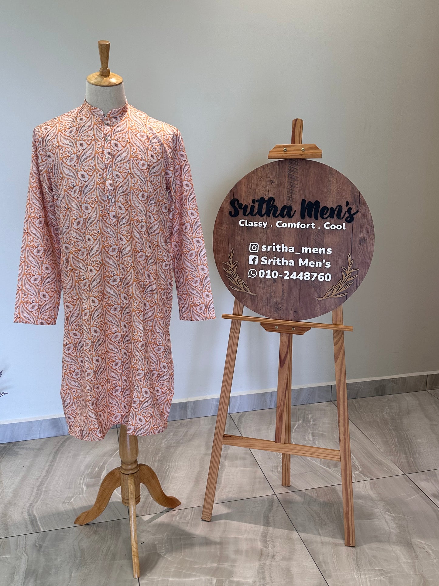 SM0325-01-15 Orange White Floral Khadi Silk Kurta