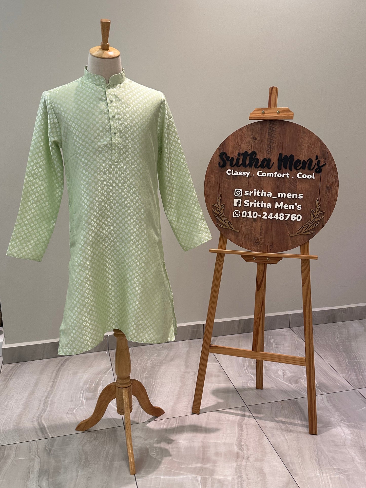 SM0225-02-03 Light Green & Silver Jacquard Silk Blend Kurta Set