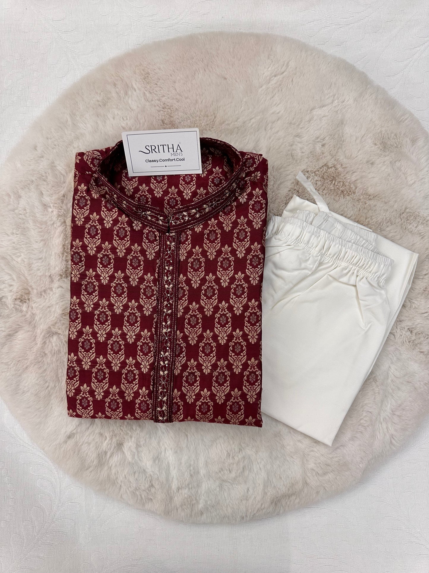 SM0425-02-07 Dark Maroon Red & Gold Jacquard Silk with Full Cotton Lining
