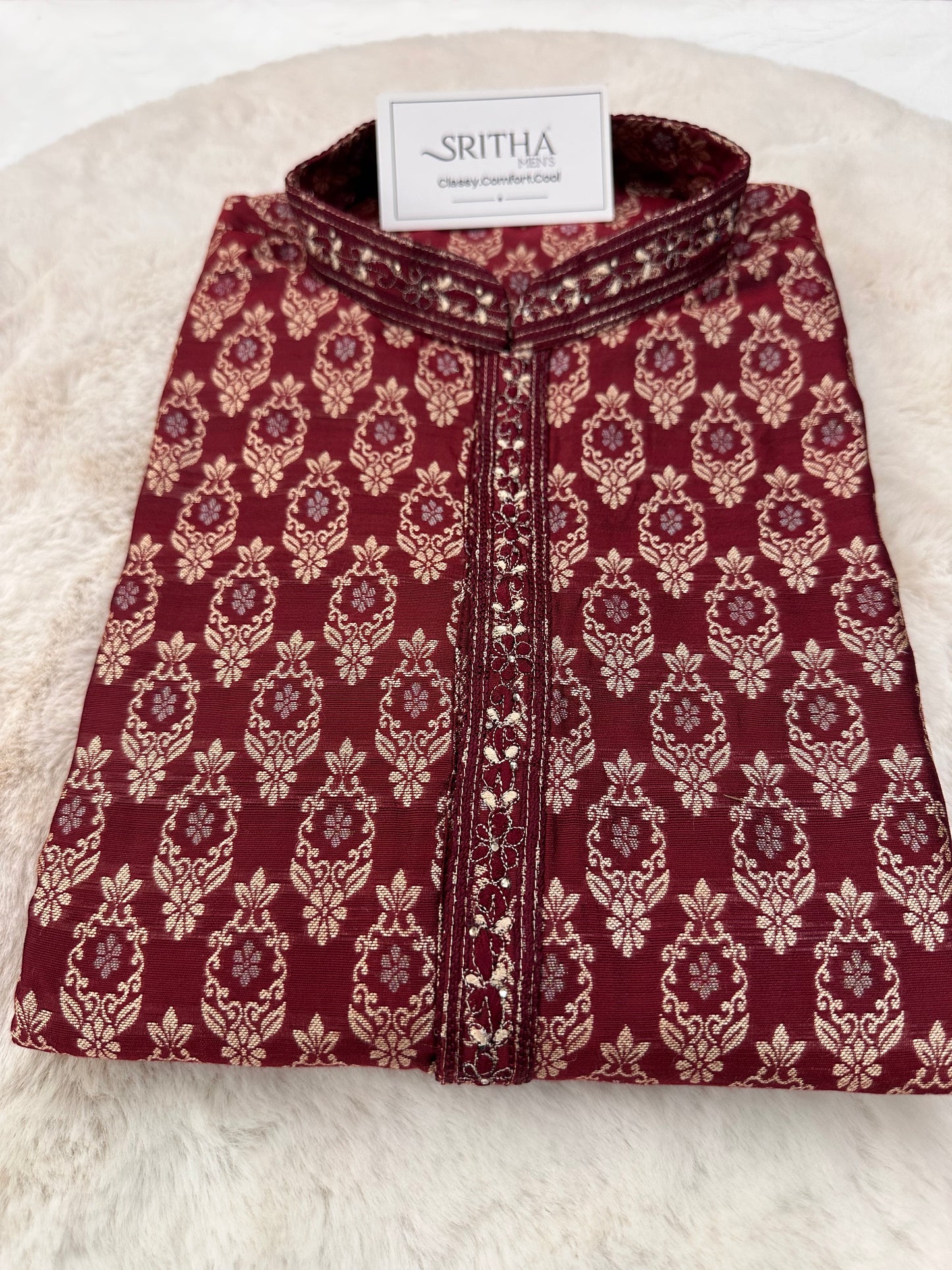 SM0425-02-07 Dark Maroon Red & Gold Jacquard Silk with Full Cotton Lining