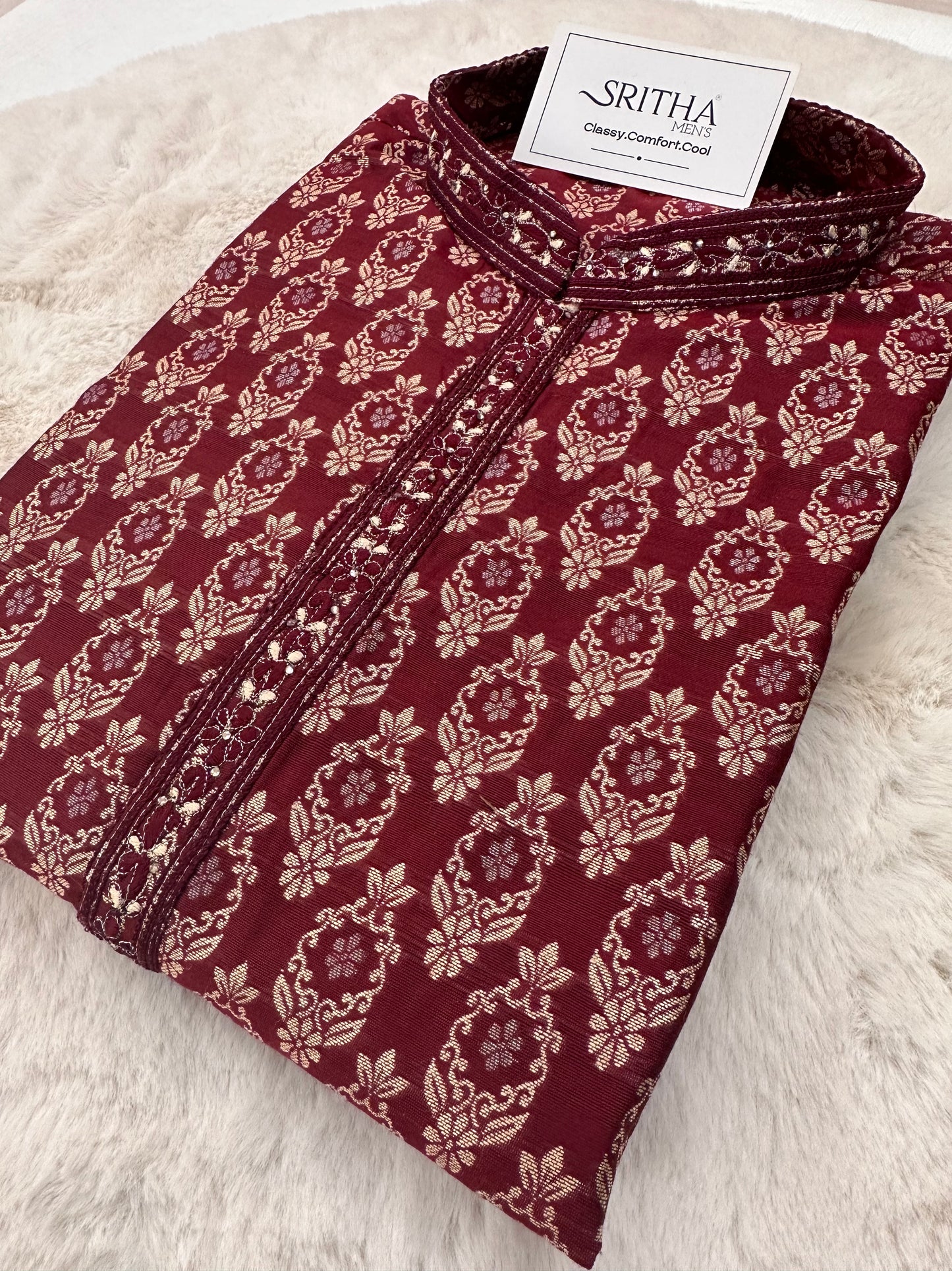 SM0425-02-07 Dark Maroon Red & Gold Jacquard Silk with Full Cotton Lining