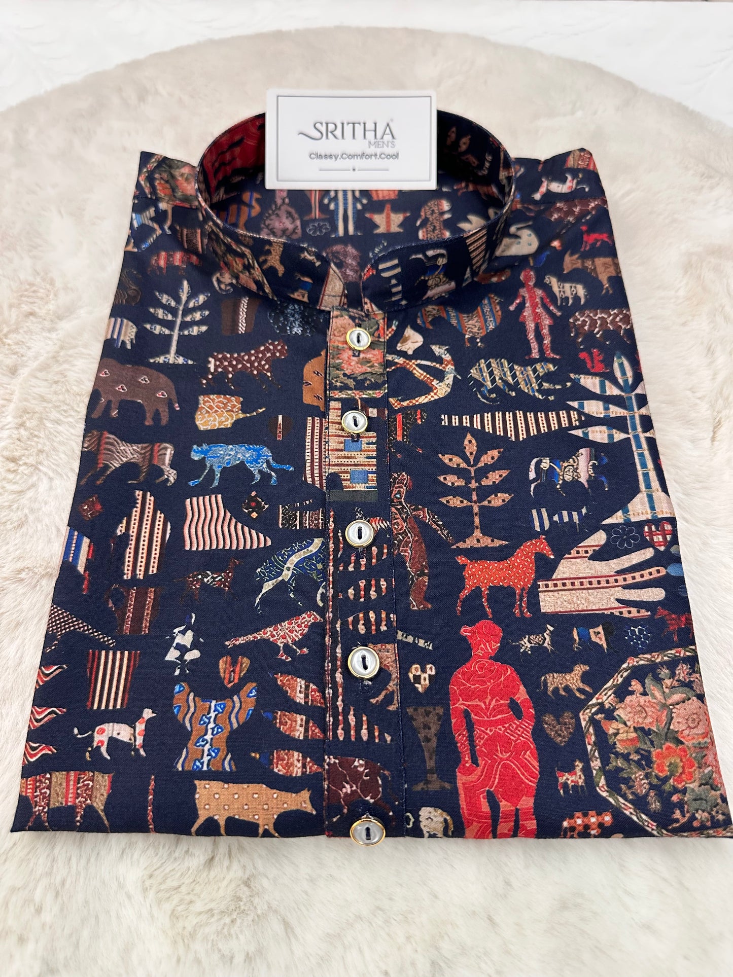 SM0325-01-02 Dark Blue Animal Print Cotton Kurta