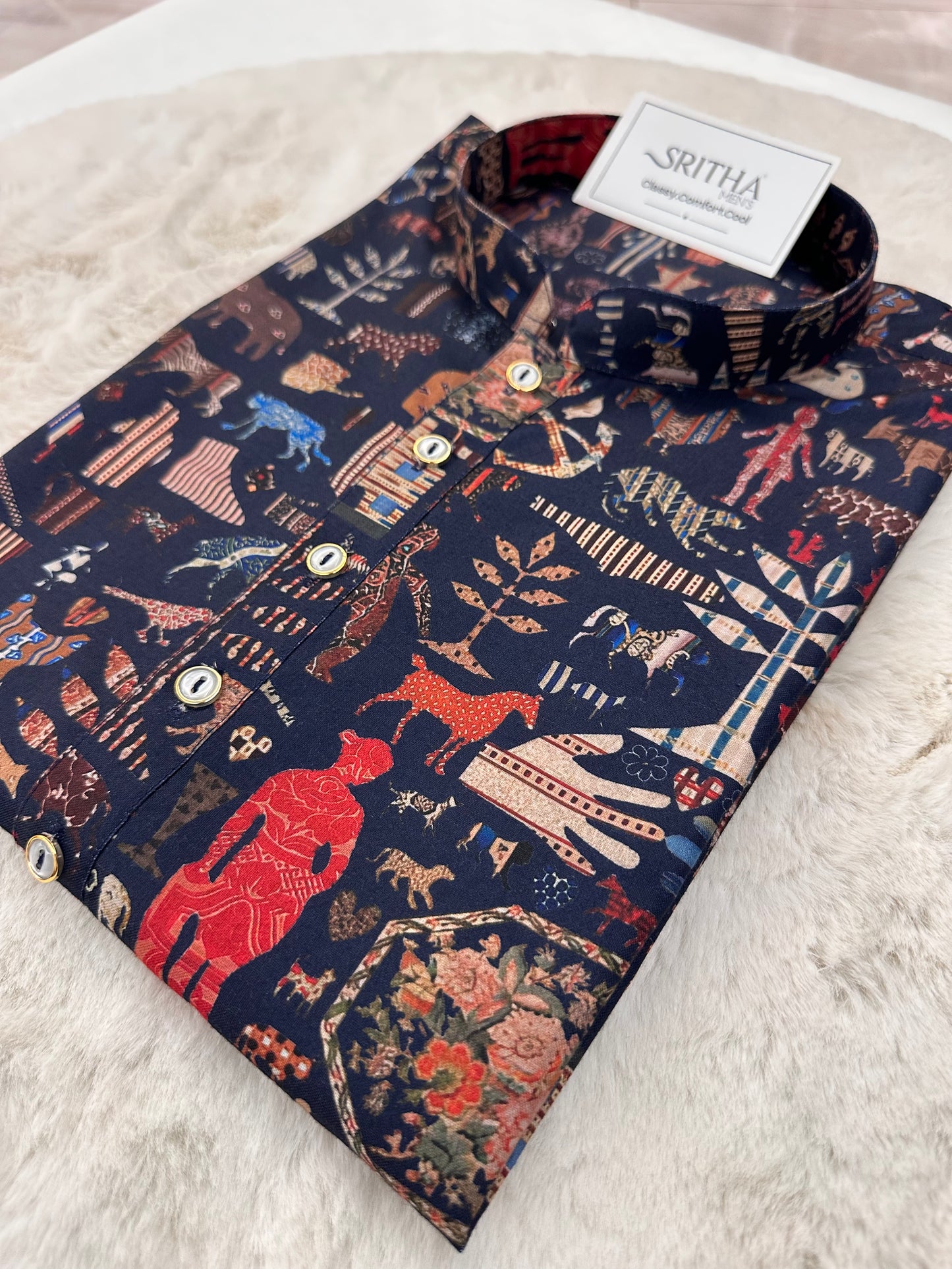 SM0325-01-02 Dark Blue Animal Print Cotton Kurta
