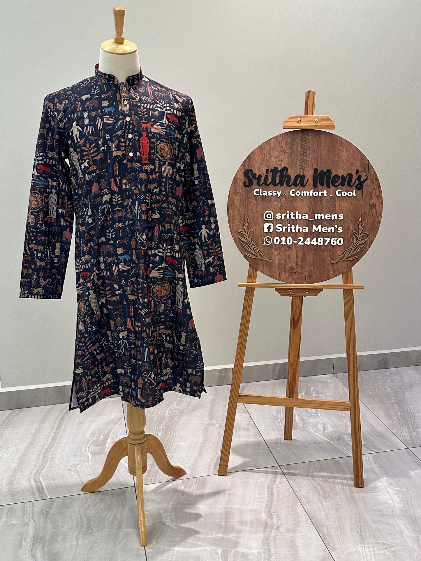 SM0325-01-02 Dark Blue Animal Print Cotton Kurta