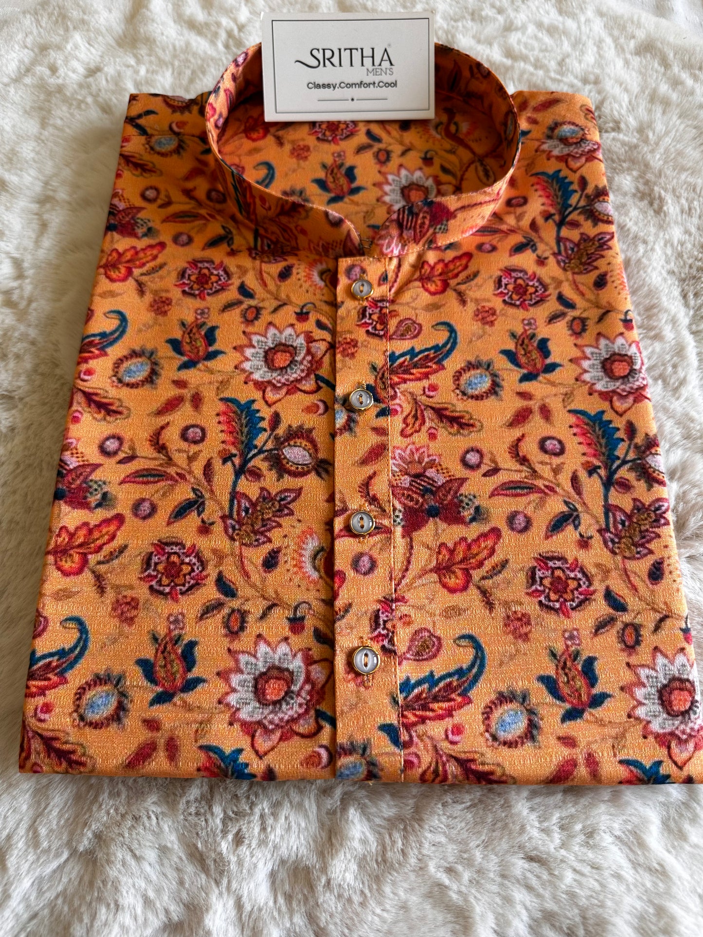 SM0325-01-14 Mustard Orange Floral Khadi Silk Kurta