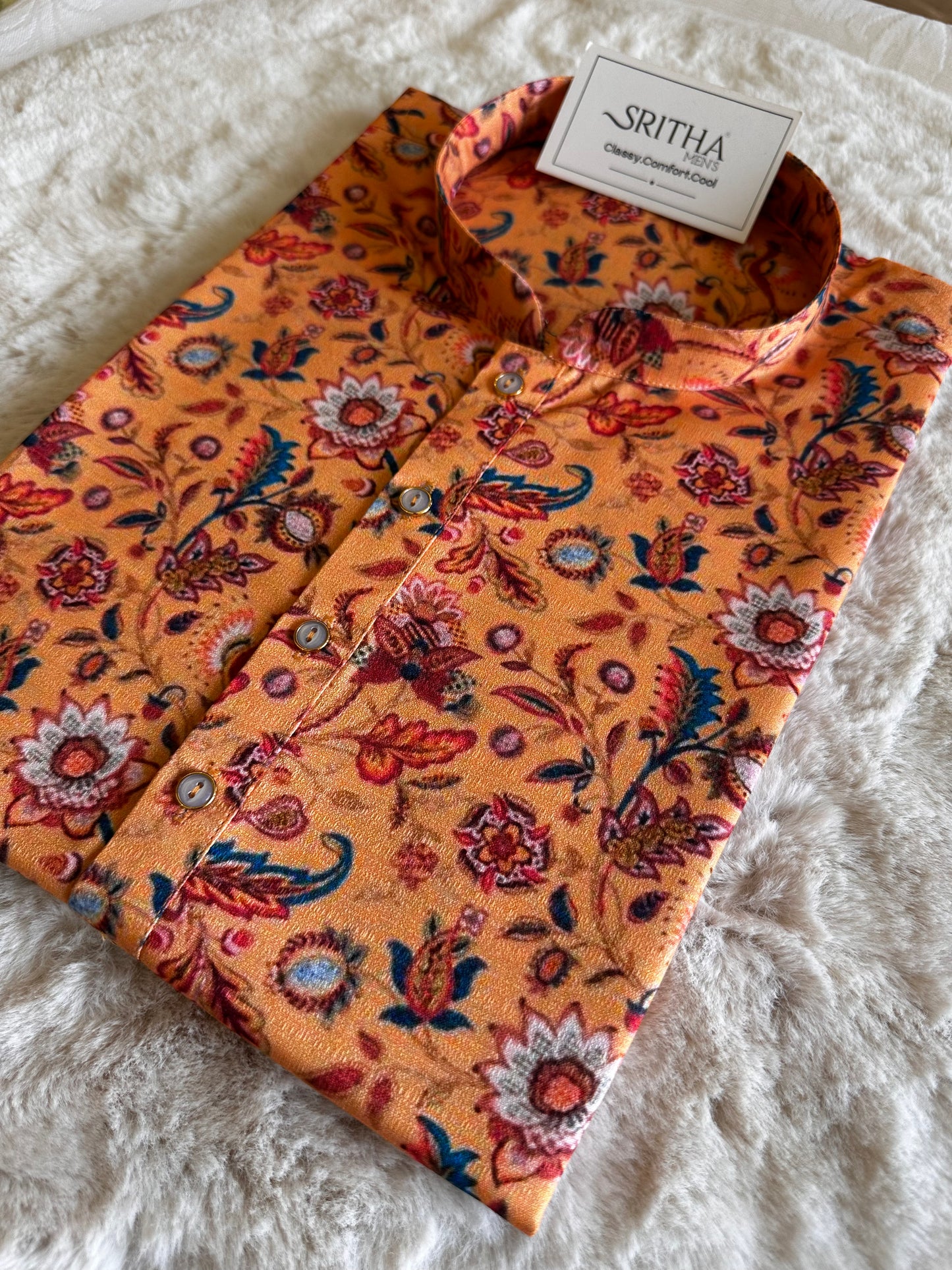 SM0325-01-14 Mustard Orange Floral Khadi Silk Kurta