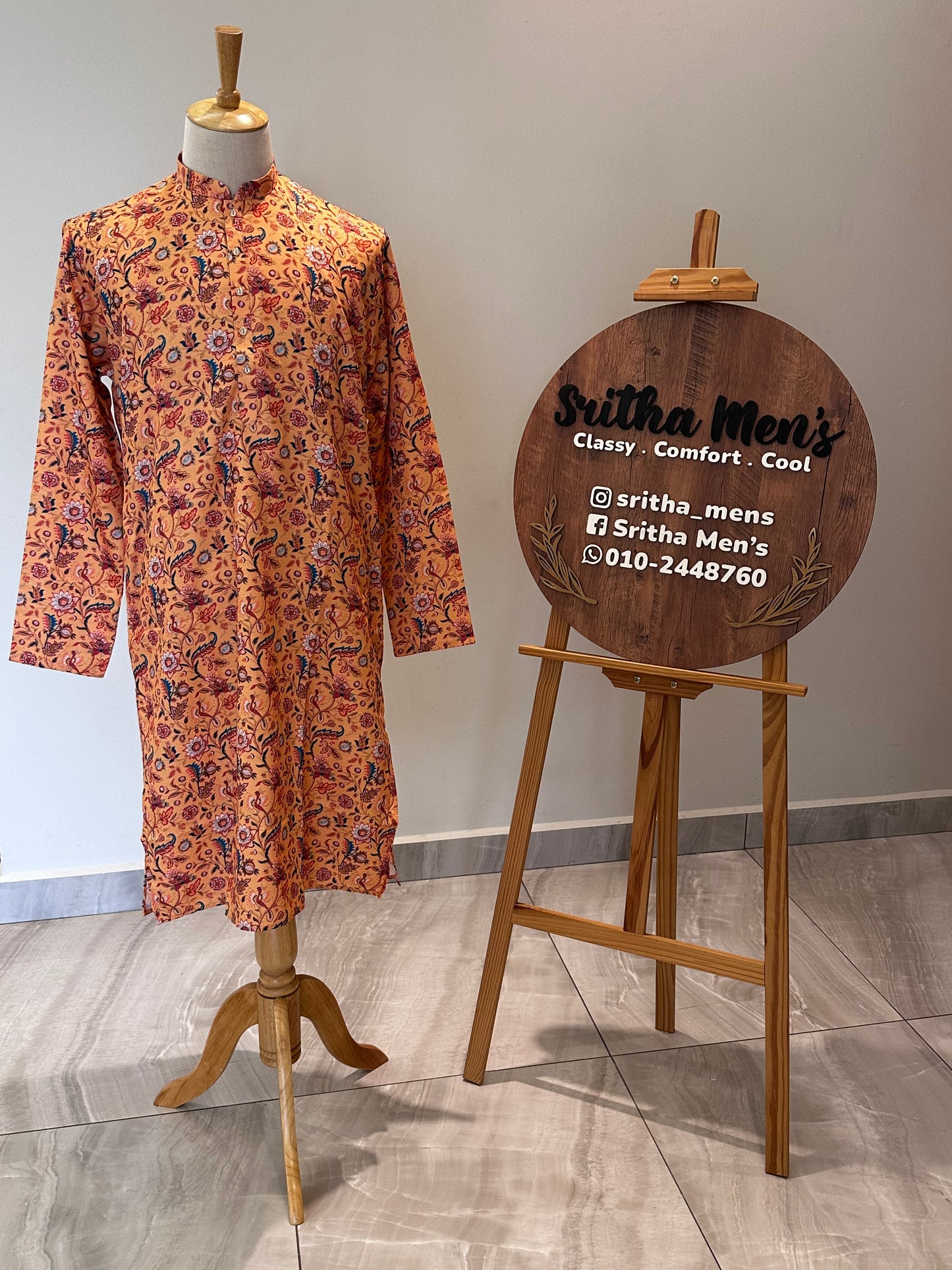 SM0325-01-14 Mustard Orange Floral Khadi Silk Kurta