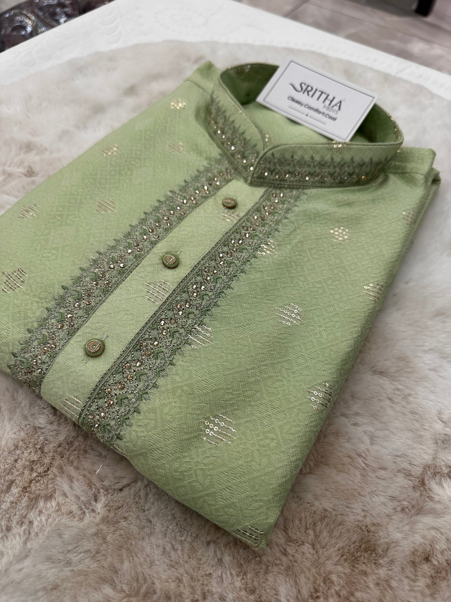 SM0525-02-19 Light Green Stone & Sequins Work Silk Blend with Lining Kurta Set