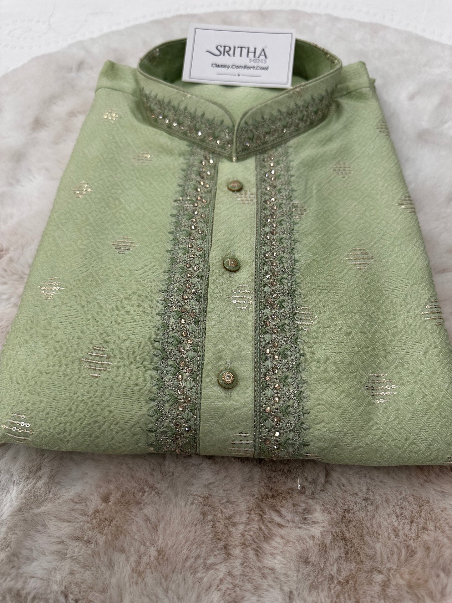 SM0525-02-19 Light Green Stone & Sequins Work Silk Blend with Lining Kurta Set