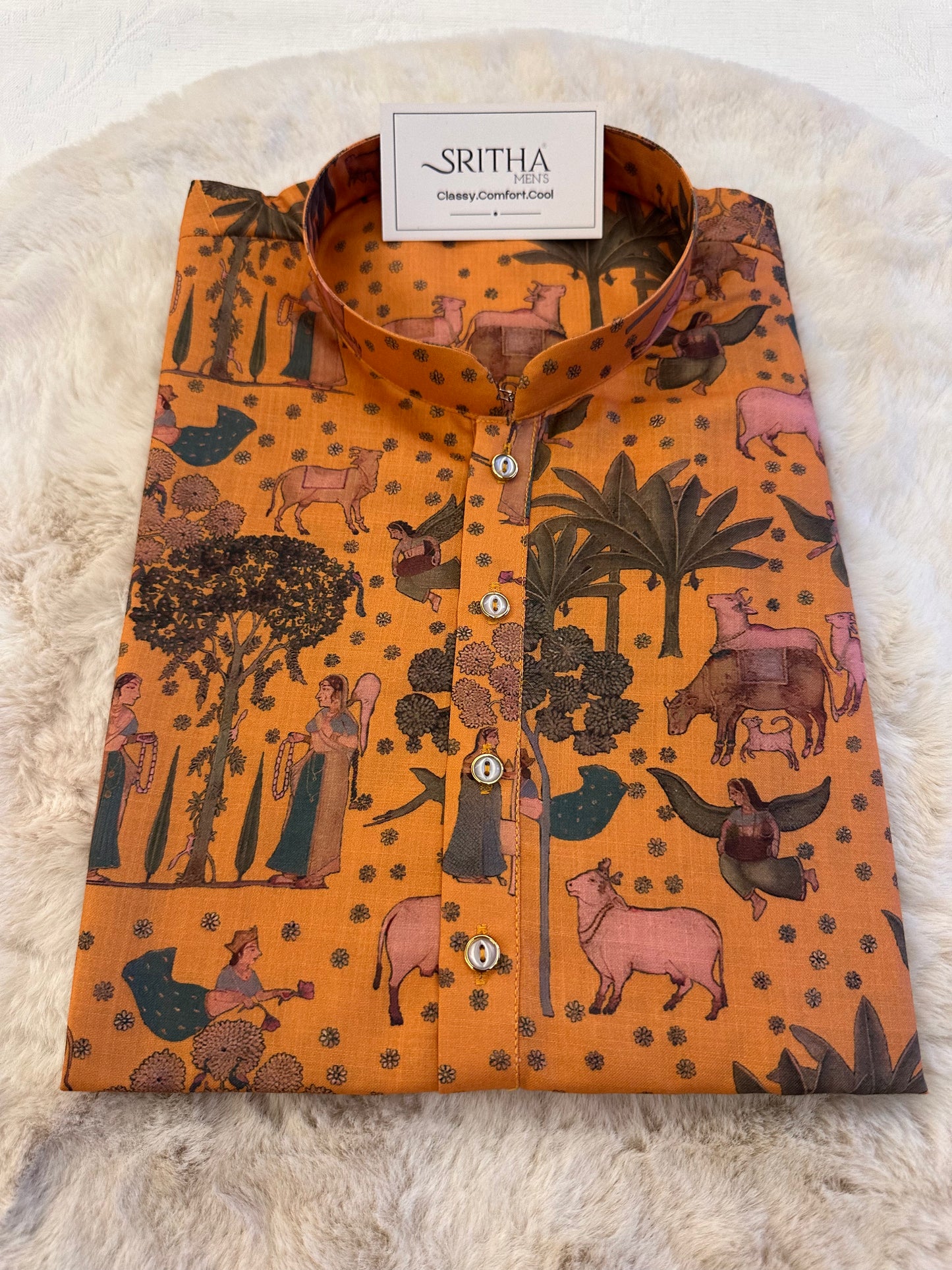 SM0625-01-07 Mustard Orange Printed Cotton Kurta