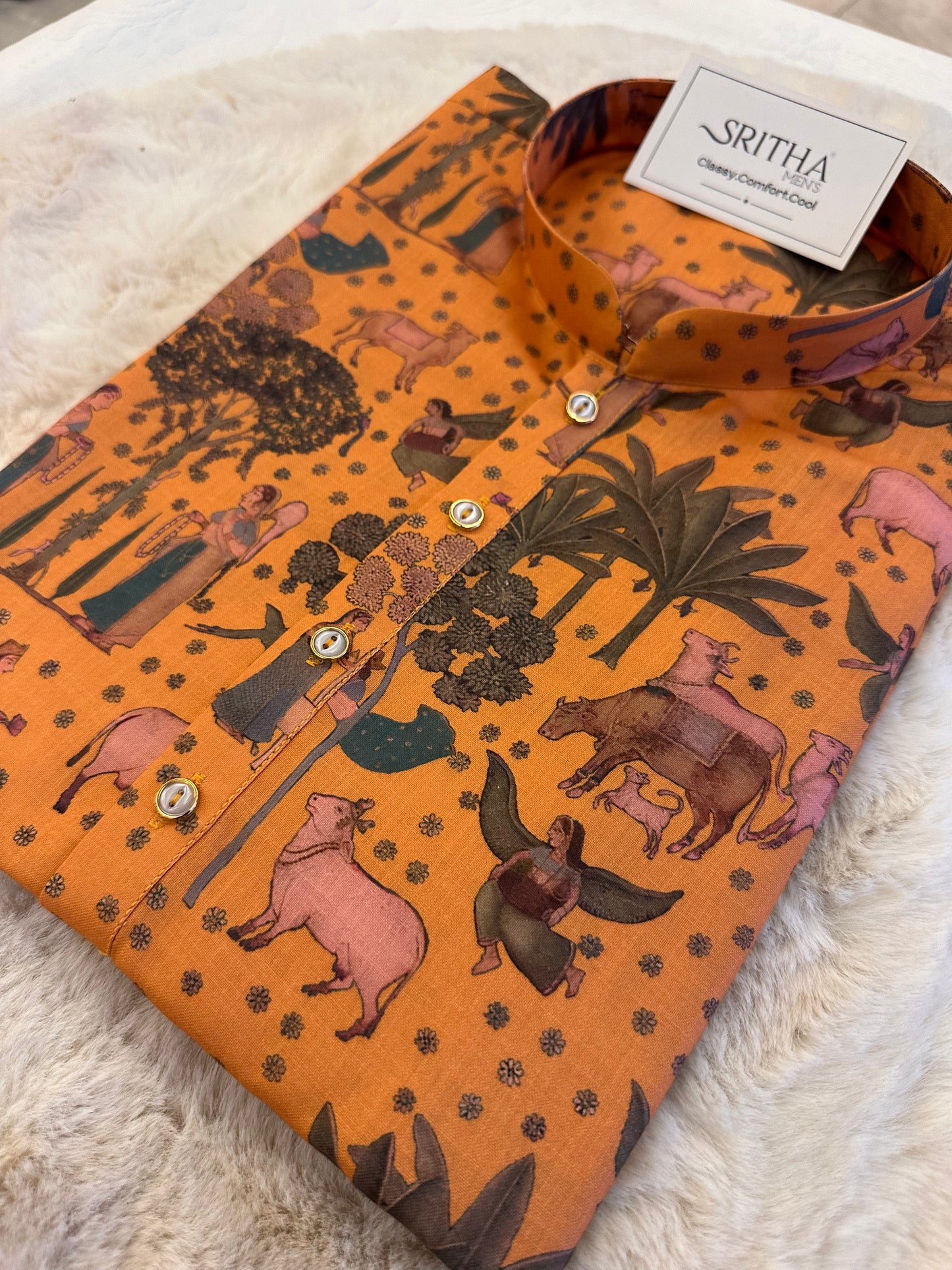 SM0625-01-07 Mustard Orange Printed Cotton Kurta