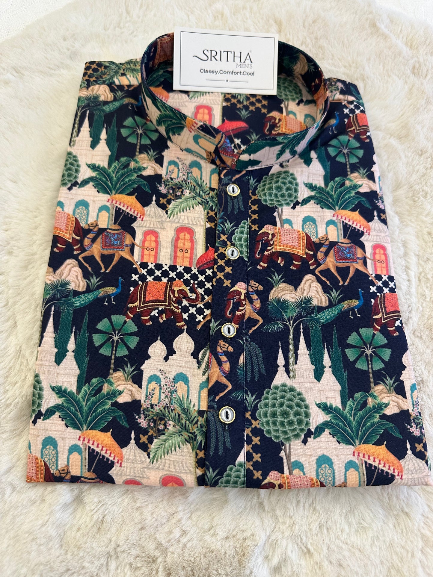 SM0625-01-05 Navy Blue Animal Printed Cotton Kurta
