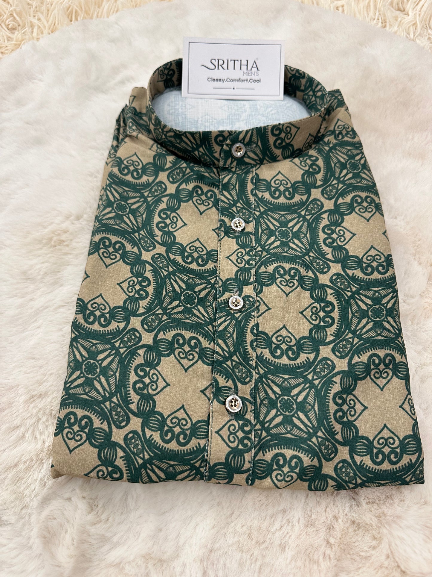 SM0924-01-05 Light Khaki & Green Viscose Kurta