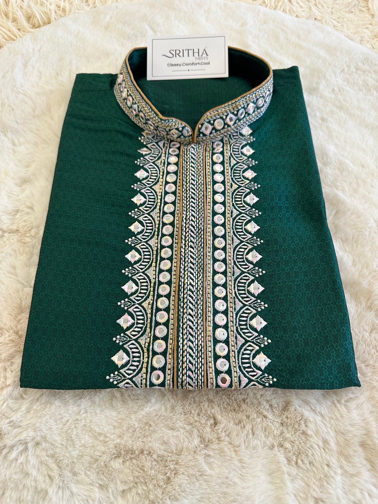 SM0424-04-02 Dark Green & Pink Embroidery Work Silk Blend Kurta Set