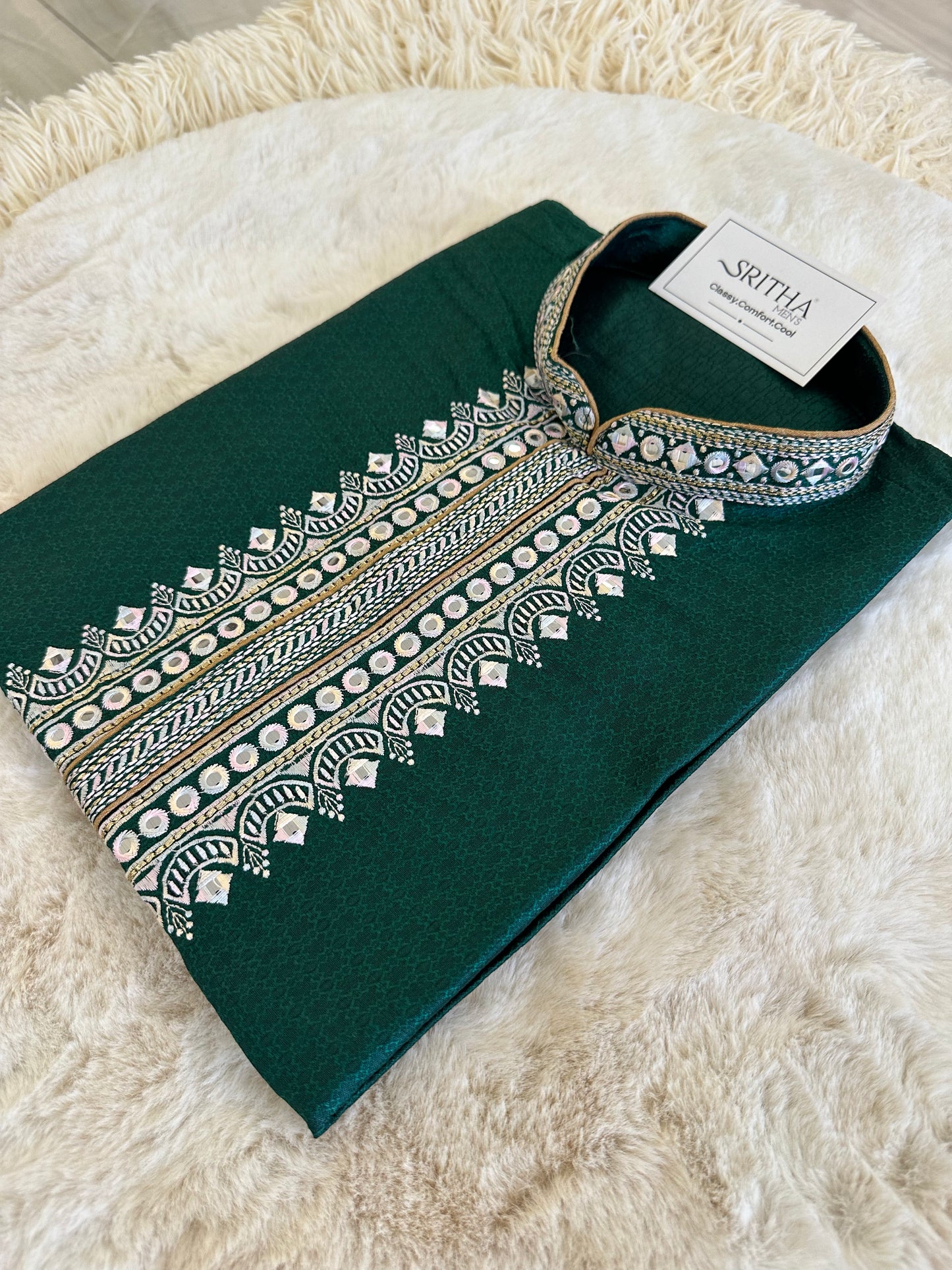 SM0424-04-02 Dark Green & Pink Embroidery Work Silk Blend Kurta Set