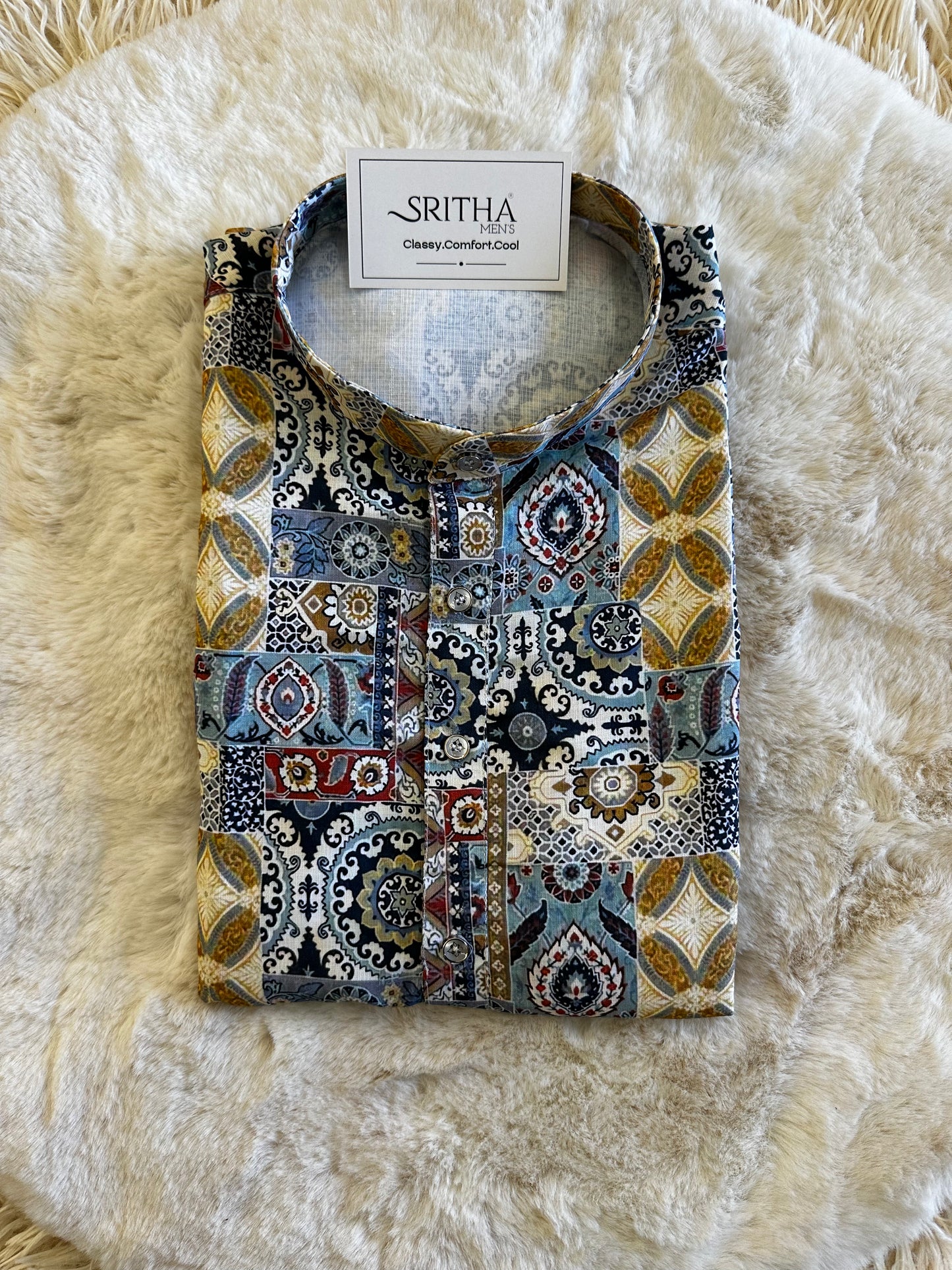 SM1024-01-23 Blue & White Multi Pattern Viscose Kurta