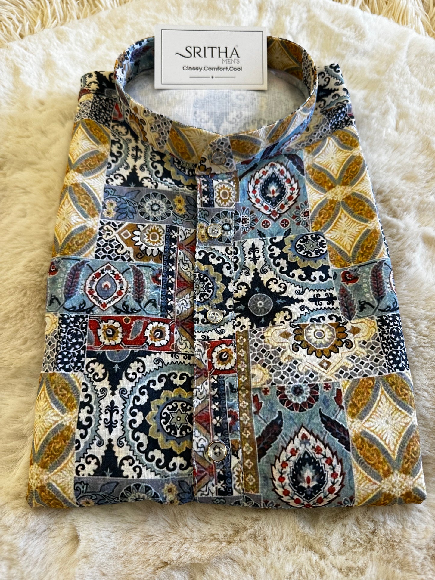SM1024-01-23 Blue & White Multi Pattern Viscose Kurta