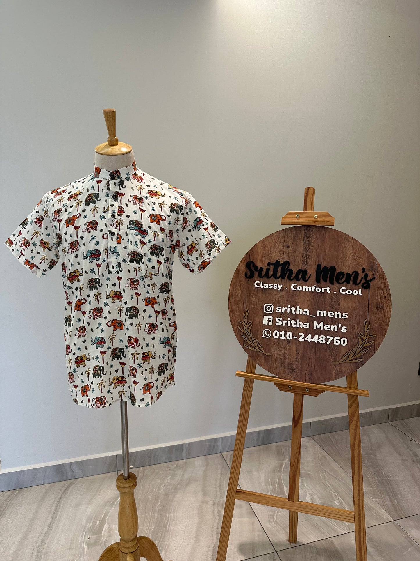 SM1025-16-03 White Base Multicolour Elephant Print Short Cotton Kurta