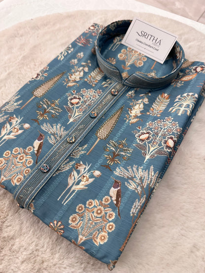 SM1225-01-11 Blue Floral Soft Cotton Silk Kurta