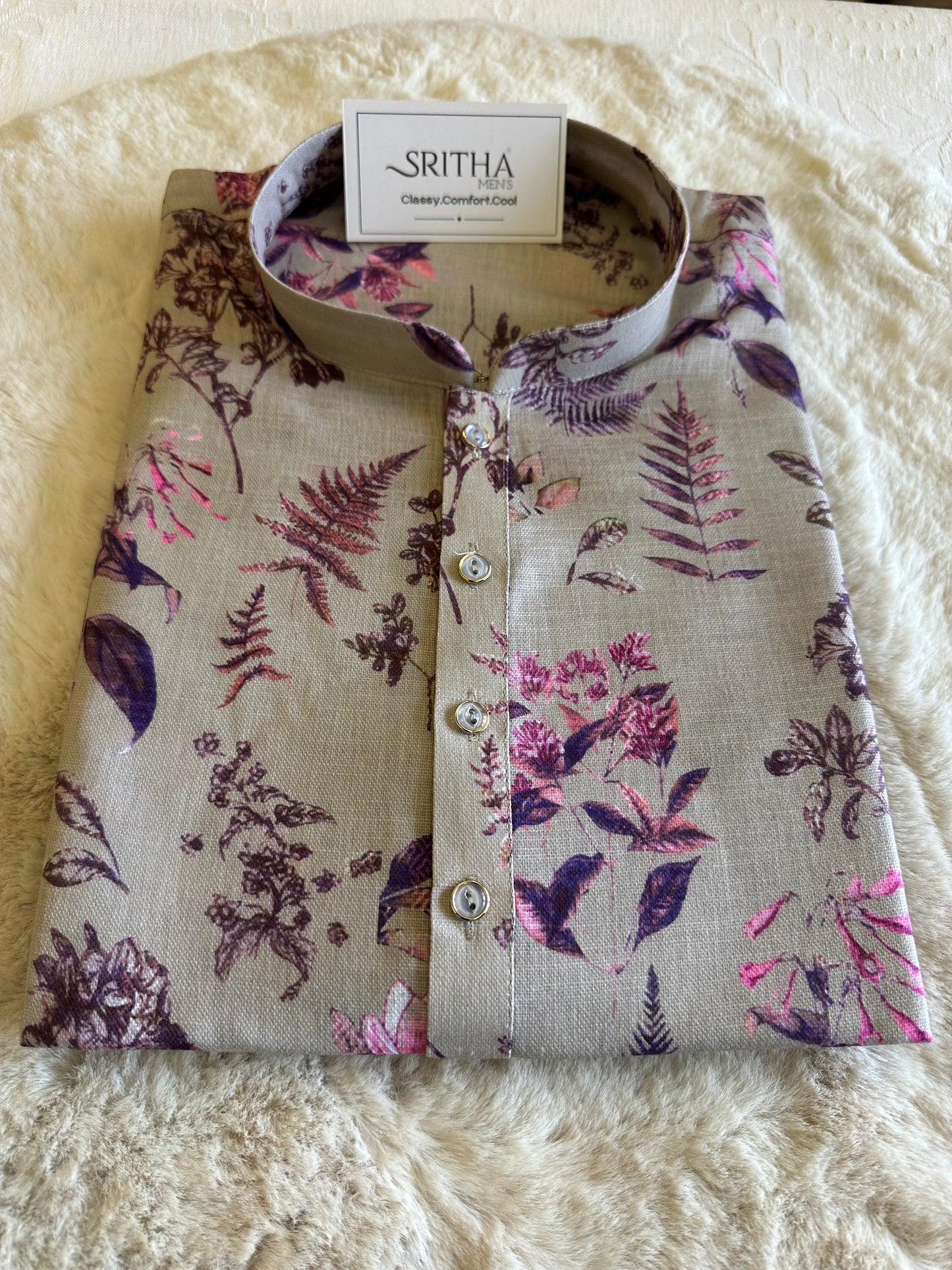 SM0626-01-02 Beige & Purple Design Printed Linen Blend Kurta
