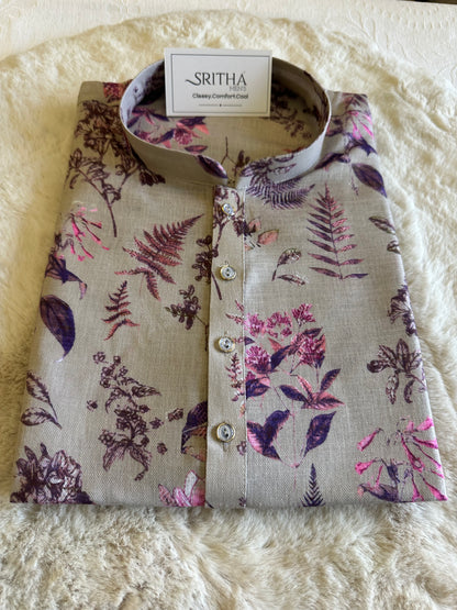 SM0626-01-02 Beige & Purple Design Printed Linen Blend Kurta