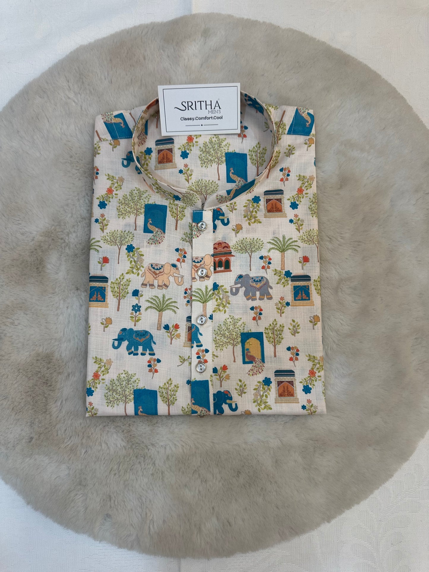 SM0726-01-03 Off White Elephant Printed Soft Cotton Kurta
