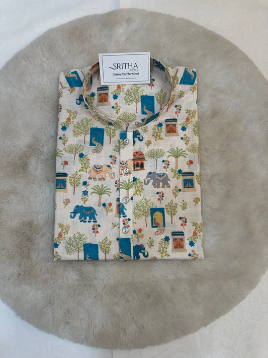 SM0726-01-03 Off White Elephant Printed Soft Cotton Kurta