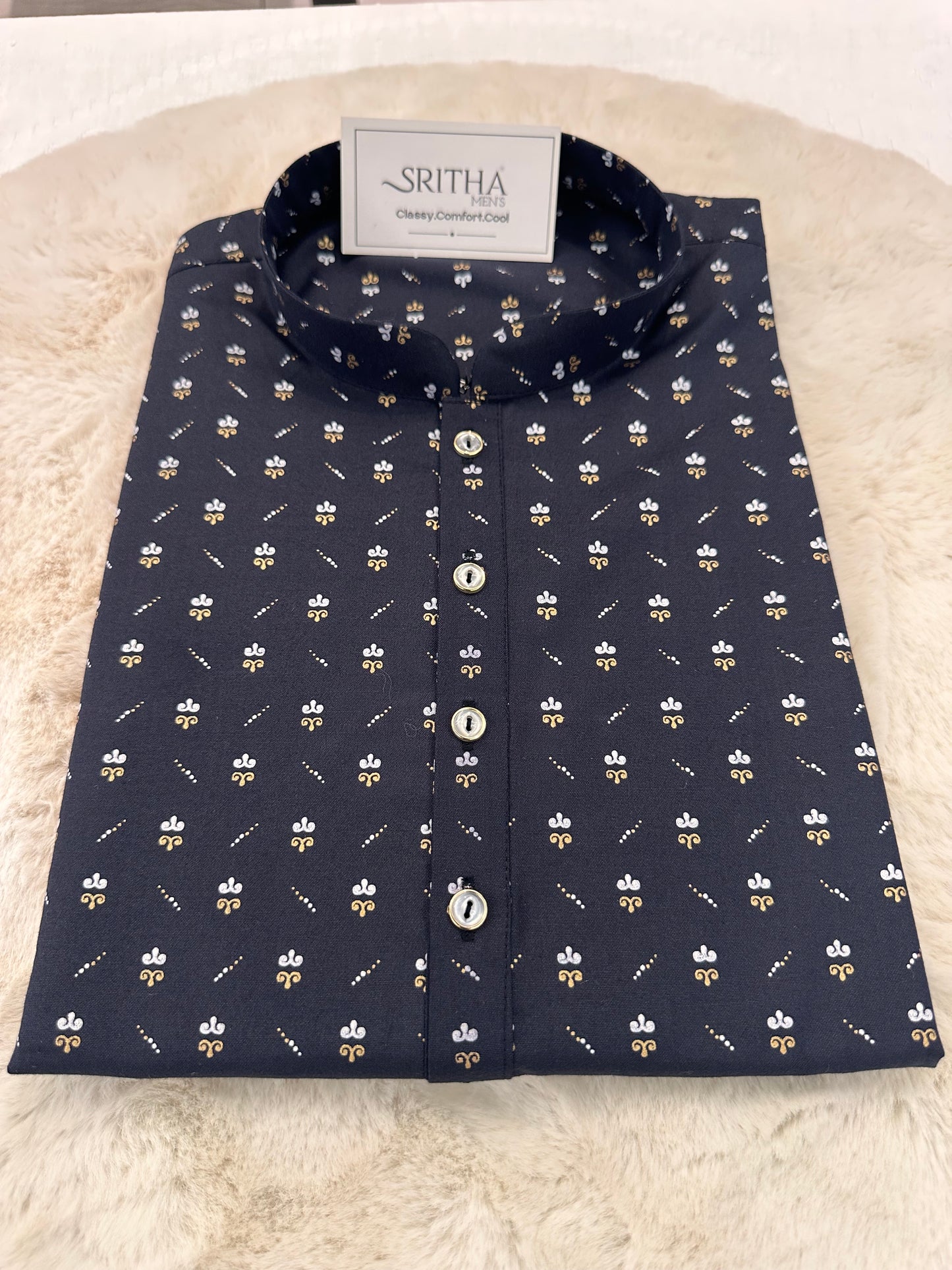 SM0226-01-06 Dark Navy Blue & White Printed Cotton Kurta