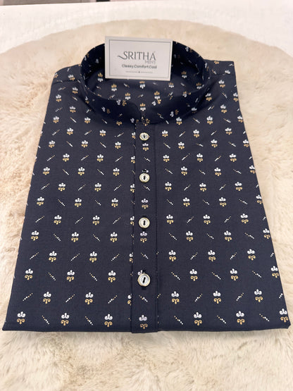 SM0226-01-06 Dark Navy Blue & White Printed Cotton Kurta