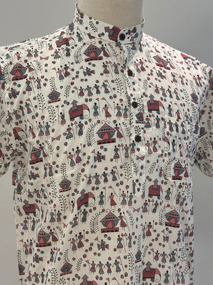 SM0326-16-01 White Base Tribe Print Short Cotton Kurta