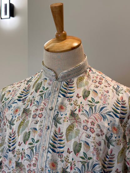 SM1225-01-10 White Base & Leaves Soft Cotton Silk Kurta