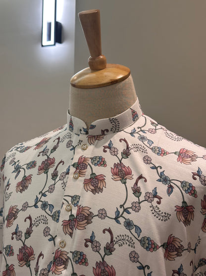 SM1225-01-03 White Base Blue Floral Soft Khadi Silk Kurta