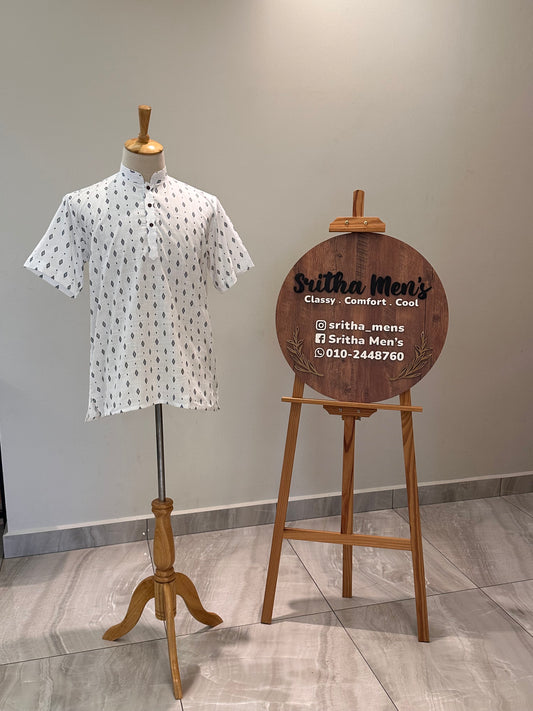 SM0126-18-03 White & Black Print Short Cotton Kurta