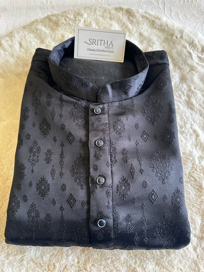 SM0626-02-03 Black Embossed  Design Silk Blend Kurta Set