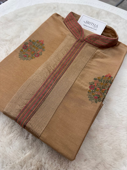 SM0625-06-04 Gold with Colourful Embroidery Floral Soft Silk Blend Kurta Set