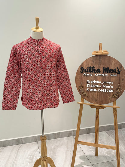 SM0525-15-04 Red Long Sleeve Short Cotton Kurta