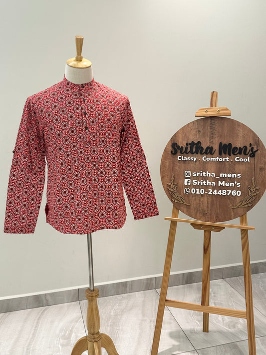 SM0525-15-04 Red Long Sleeve Short Cotton Kurta