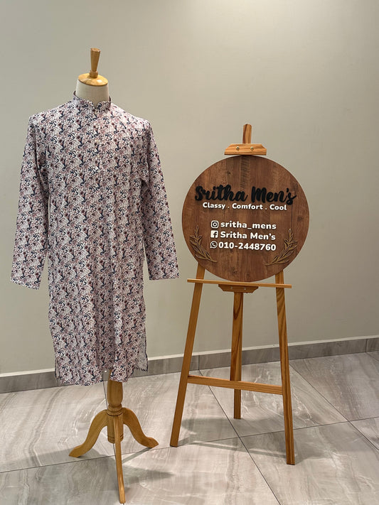 SM0625-01-14 White & Blue Floral Viscose Kurta