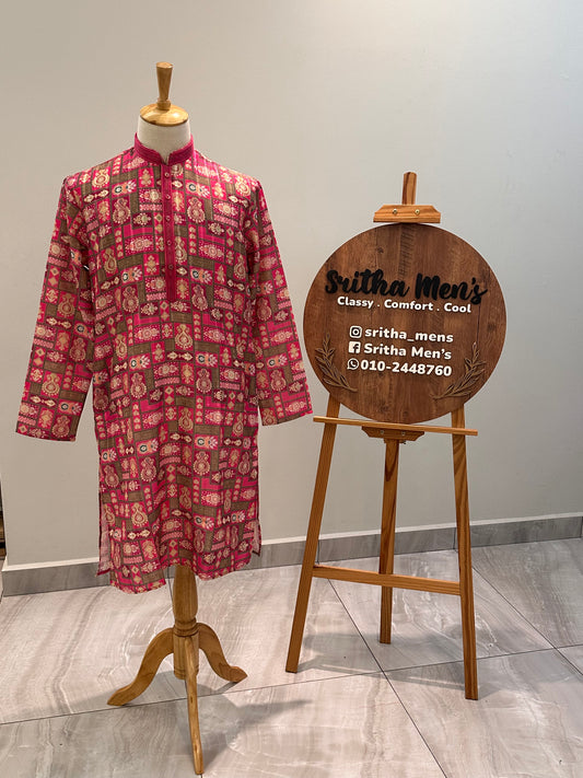 SM1225-01-12 Rani Pink & Gold White Soft Cotton Silk Kurta