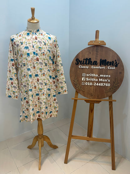 SM0726-01-03 Off White Elephant Printed Soft Cotton Kurta