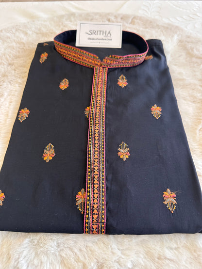 SM1125-06-05 Black Soft Silk & Colourful Embroidery Kurta Set