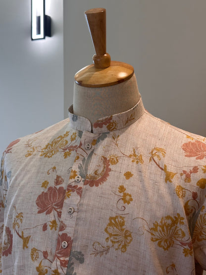 SM0226-01-05 Beige & Pink Yellow Floral Cotton Linen Kurta Set