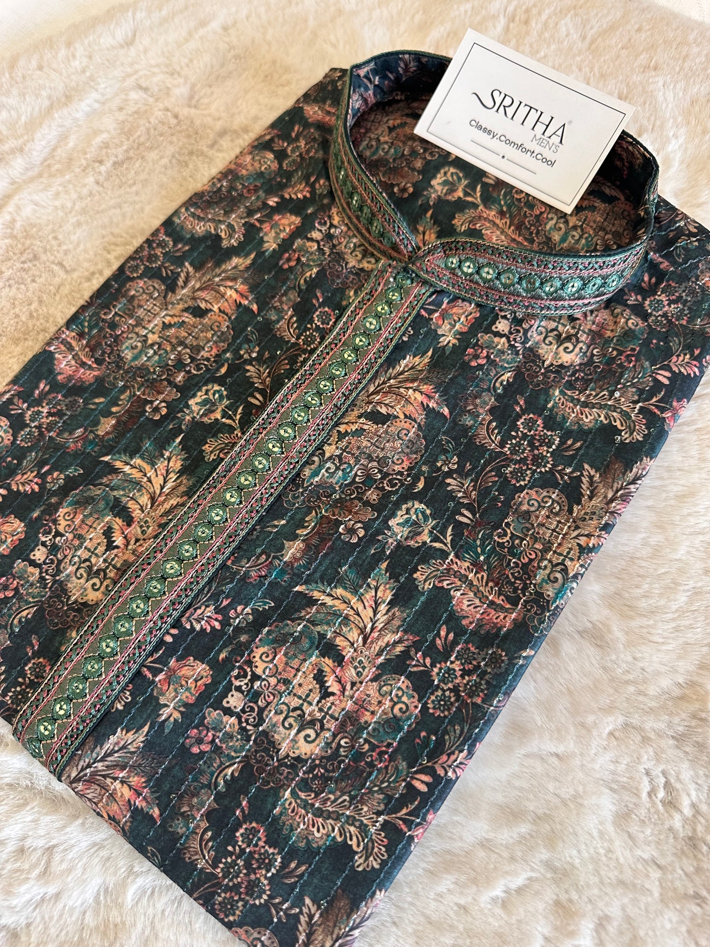 SM0326-06-05 Dark Green Floral With Transparent Sequins Soft Cotton Blend Kurta Set
